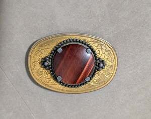 Vintage Western Gold Oval Belt Buckle Red Tiger Eye Stone Ornate Cowboy Filigree
